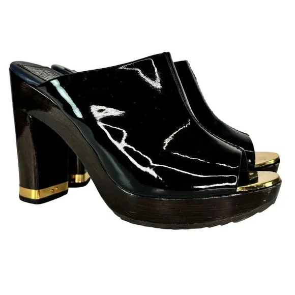 Tory Burch Shoes - Tory Burch Leather Glossy Black Gold Elegant Slip On Mule Open Toe Size 8.5M